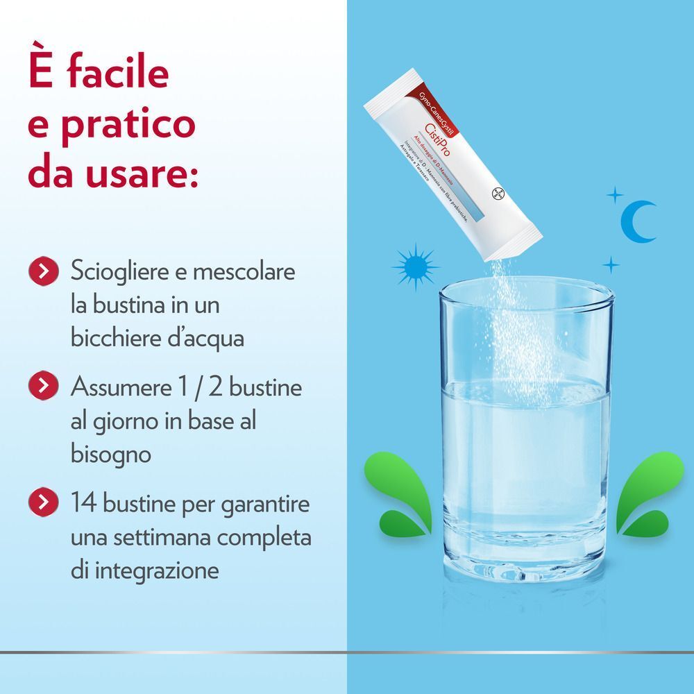 Una bustina di Gyno-CanesCystil versata in un bicchiere d'acqua. Facile e pratico.