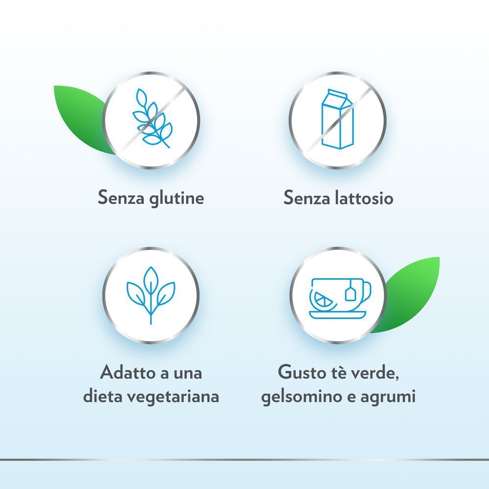 Icone: Senza glutine, Senza lattosio, Vegetariano, Gusto tè verde. Gyno-CanesCystil.