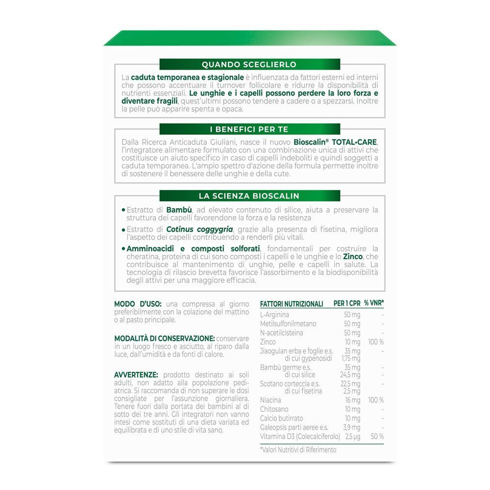 Retro di una confezione di Bioscalin Total Care Compresse con informazioni su uso e ingredienti.