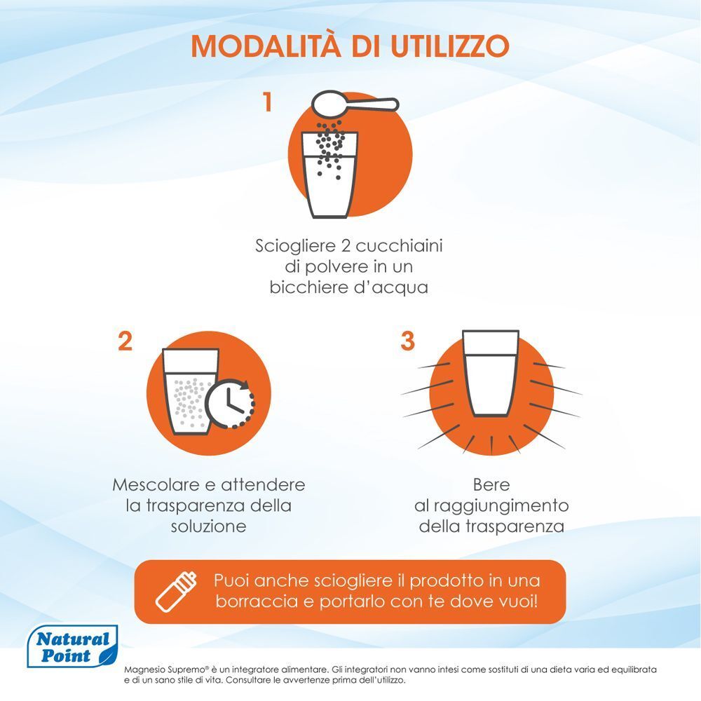 Istruzioni per la preparazione di Magnesio Supremo Potassio+ in tre passaggi.