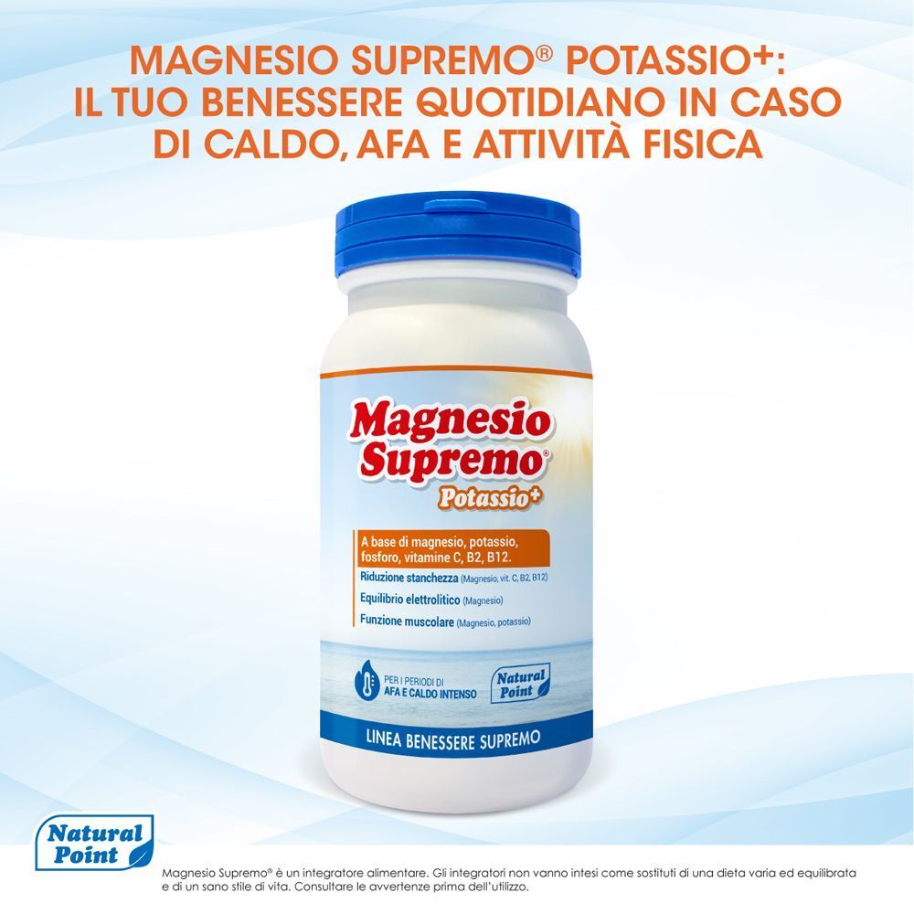 Un contenitore Magnesio Supremo Potassio+ con testo sul benessere quotidiano.