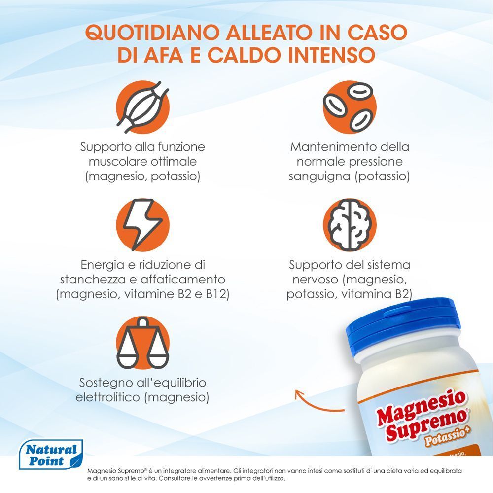 Grafica con icone: supporto muscolare, pressione sanguigna, energia, sistema nervoso, equilibrio elettrolitico.