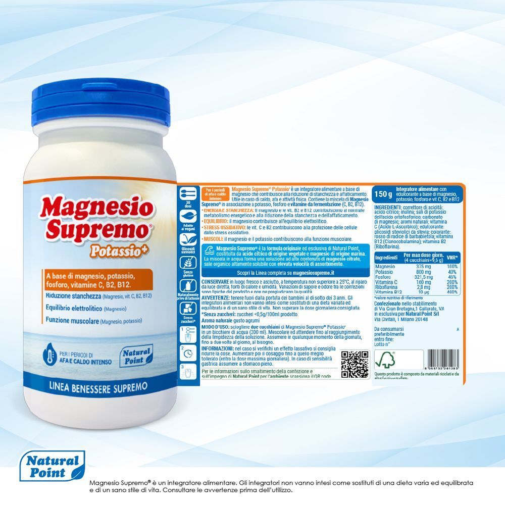 Contenitore Magnesio Supremo Potassio e tabella nutrizionale sul retro.