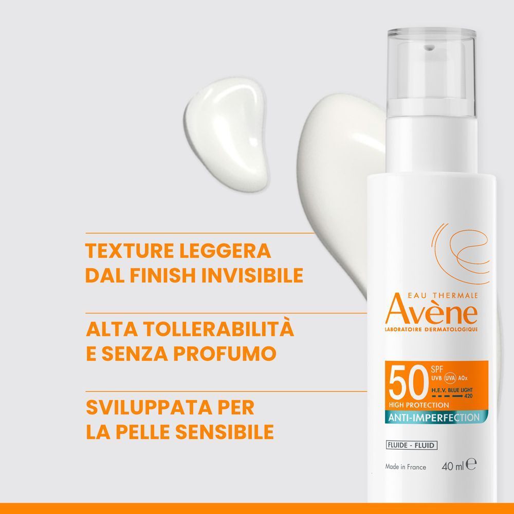 Texture leggera e invisibile del fluido anti-imperfezioni Eau Thermale Avène SPF 50.