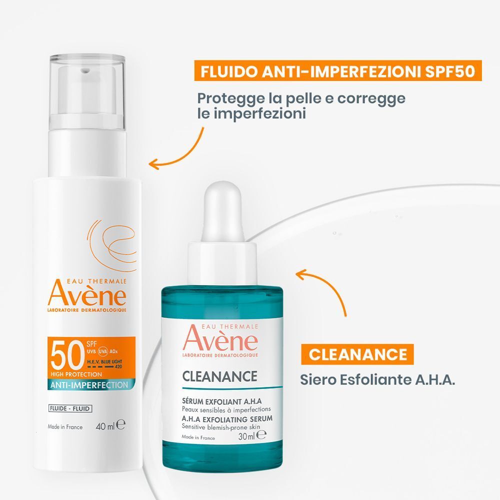Fluido anti-imperfezioni SPF 50 e Siero Esfoliante AHA Avène Cleanance.