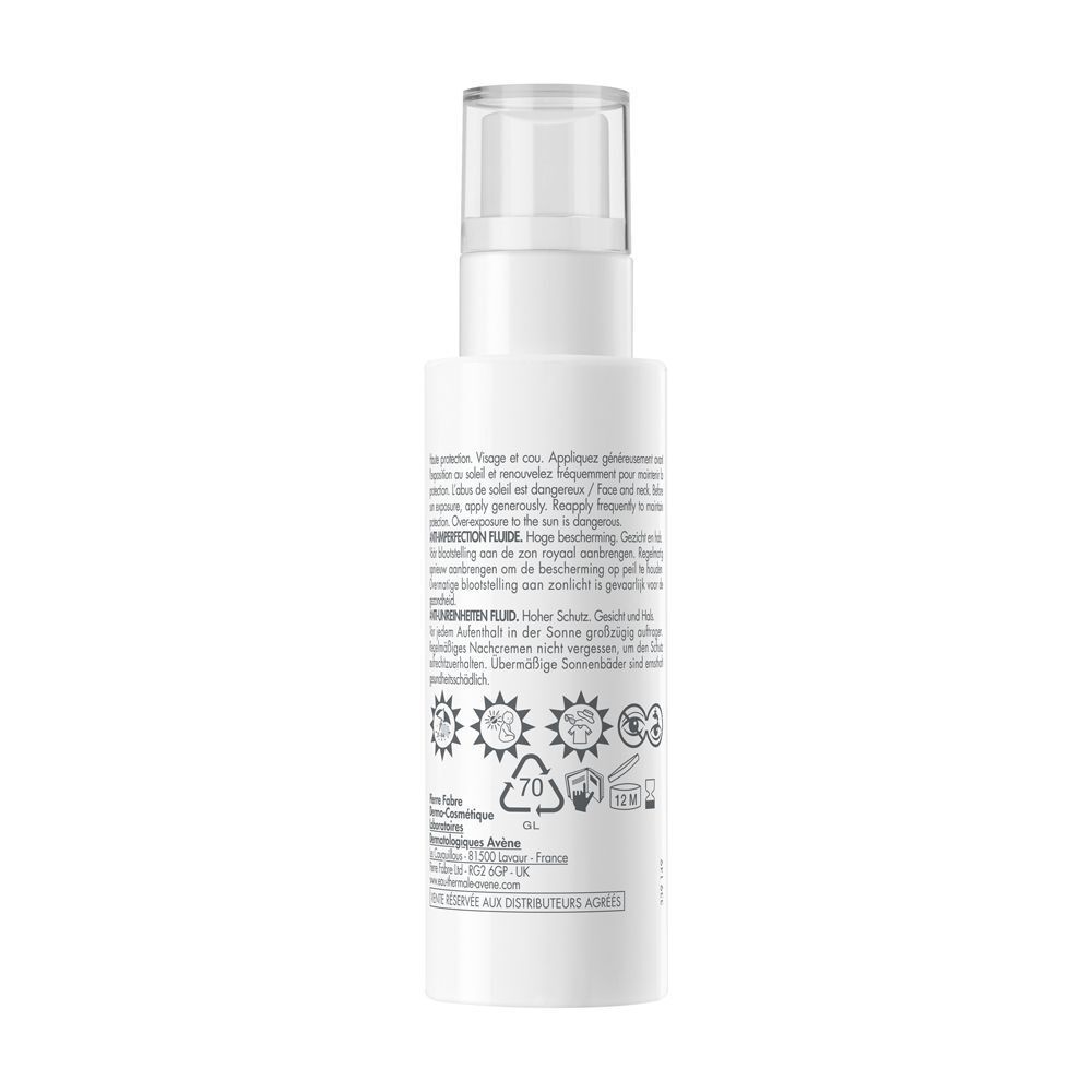 Retro di un flacone Eau Thermale Avène SPF 50 con istruzioni.