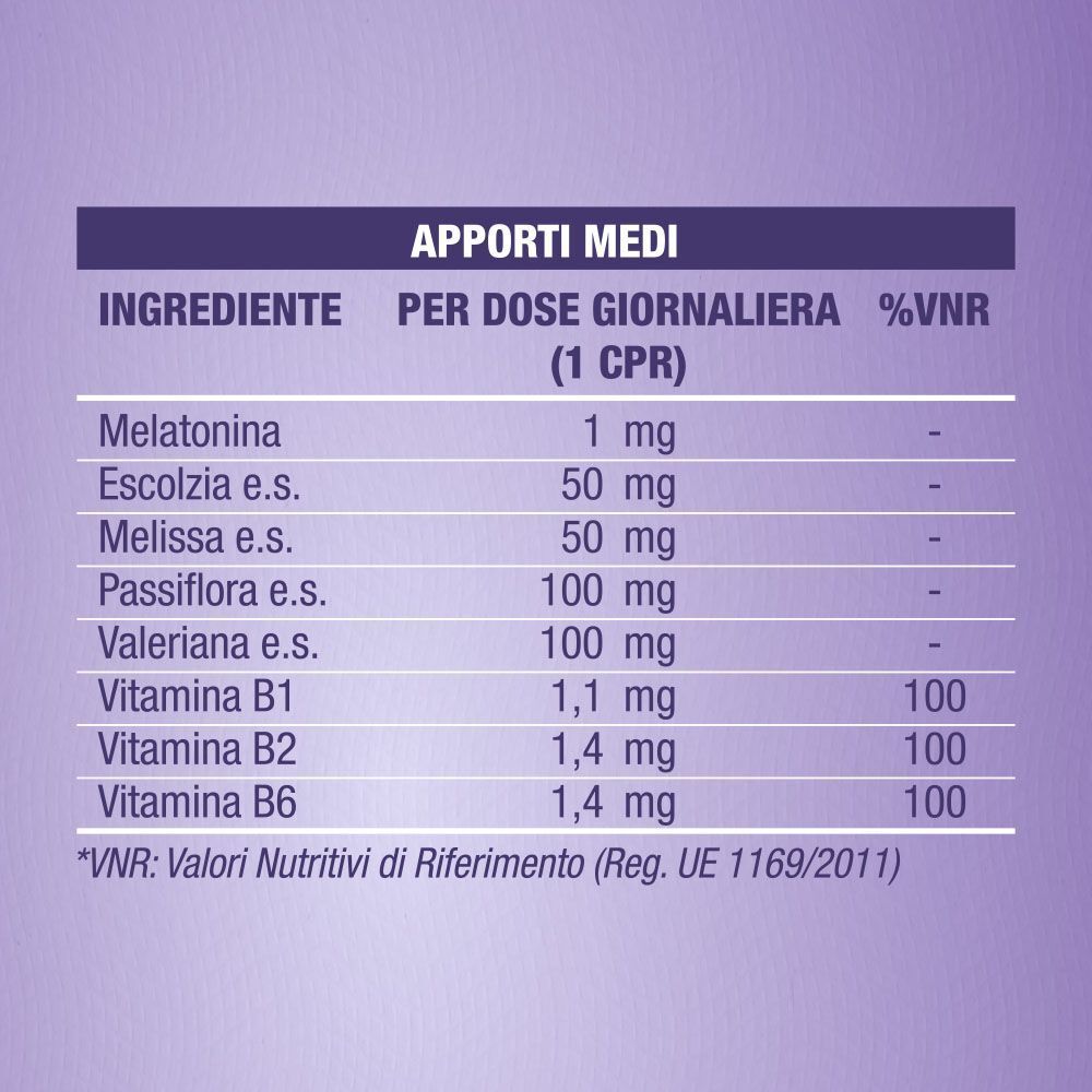 Apporti medi Laila DormiBene: Melatonina, estratti vegetali, Vitamine B1, B2, B6.