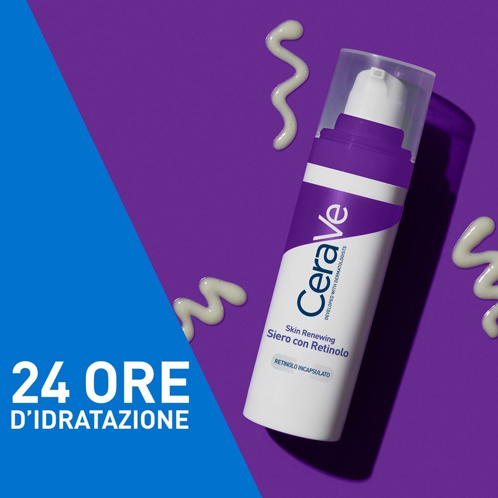 Flacone di siero al retinolo CeraVe Skin Renewing su sfondo viola con testo.