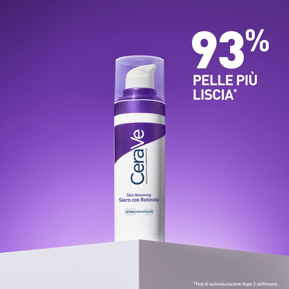 Flacone bianco con erogatore su piedistallo bianco, sfondo viola.