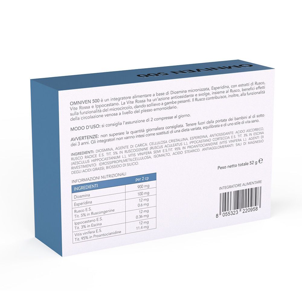 Retro di una confezione di Omniven 500 DuLac con informazioni nutrizionali e ingredienti.
