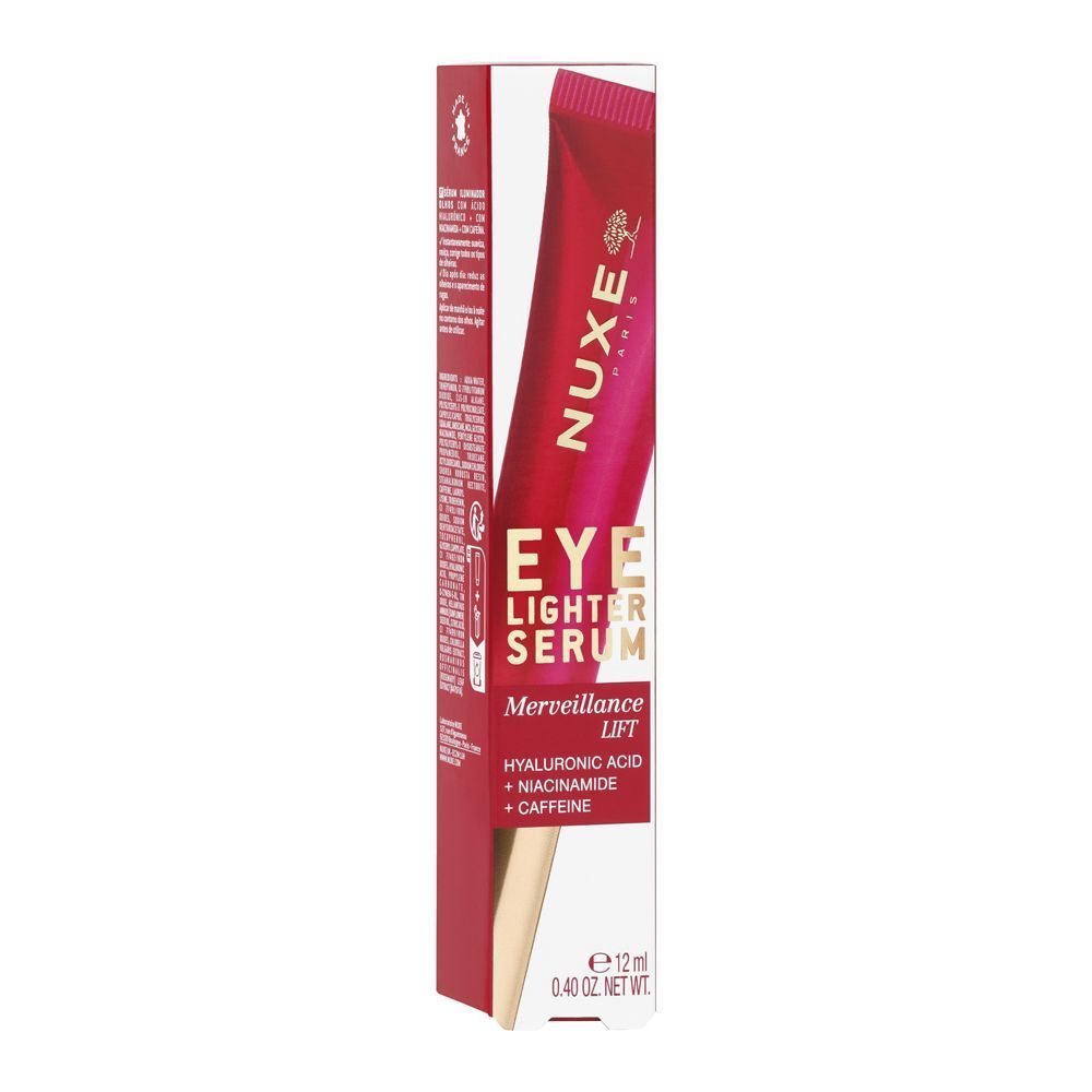 Scatola di imballaggio rossa per Nuxe Eye Lighter Serum, 12ml.