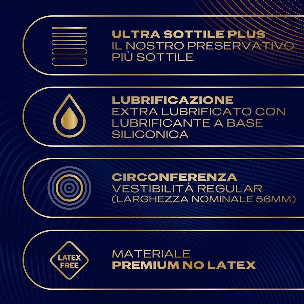 Caratteristiche preservativo Durex: Ultra sottile, extra lubrificato, larghezza 56mm, senza lattice.