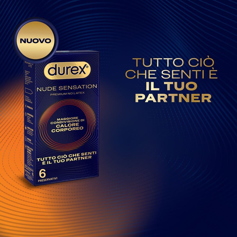 Una confezione di preservativi Durex Nude Sensation, 6 preservativi, con lo slogan 'Tutto ciò che senti è il tuo partner'.