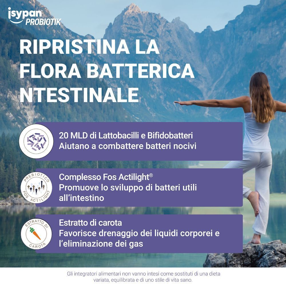 Donna in posa yoga davanti a paesaggio montano. Testo sul ripristino della flora batterica intestinale con probiotici.