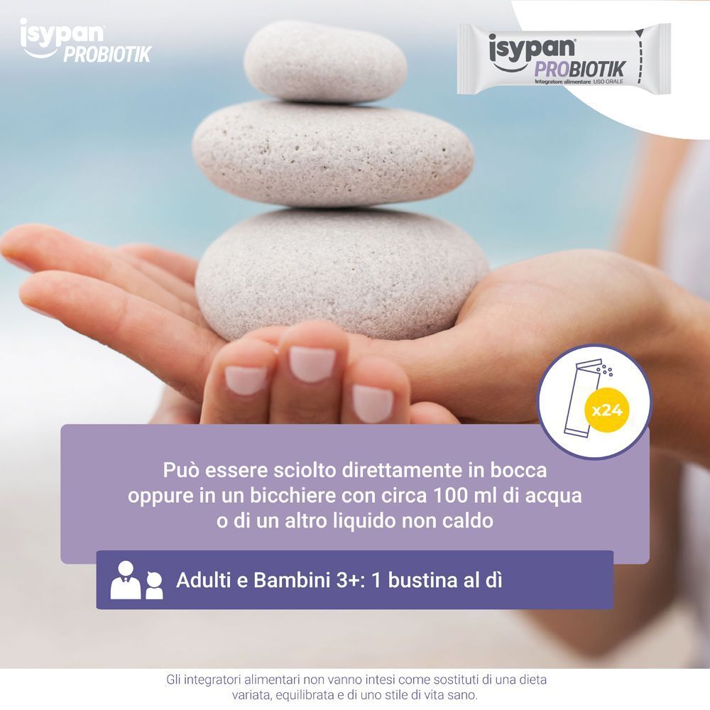 Mani che tengono pietre impilate. Bustina Isypan Probiotik e istruzioni.