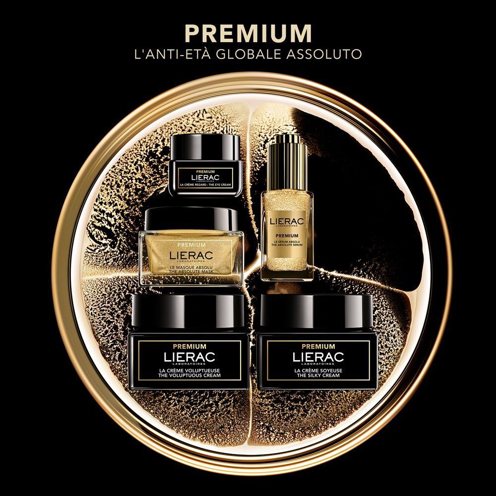 Prodotti anti-età Lierac Premium: siero e varie creme in contenitori dorati.