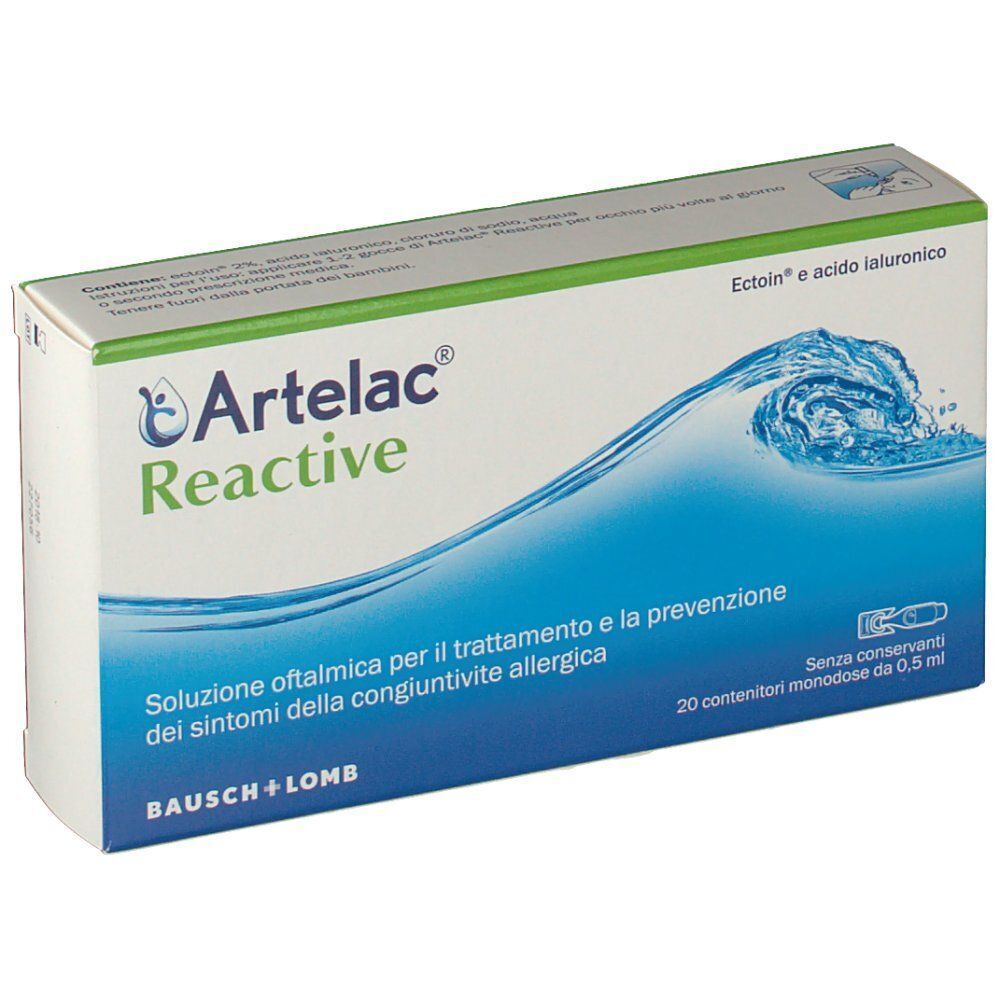 Confezione di Artelac® Reactive collirio, 20 contenitori monodose, Ectoin® e acido ialuronico.