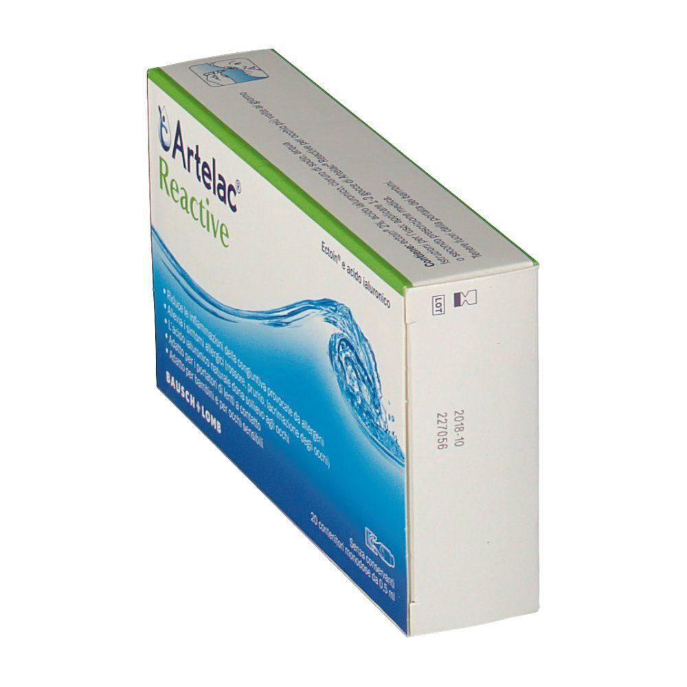 Una confezione di Artelac® Reactive collirio, vista laterale con numero di lotto e data di scadenza.