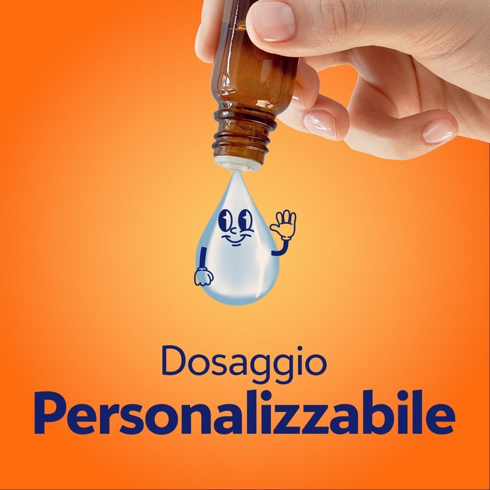 Una mano tiene un flacone di Cebion Vitamina C Gocce, da cui cade una figura a goccia.
