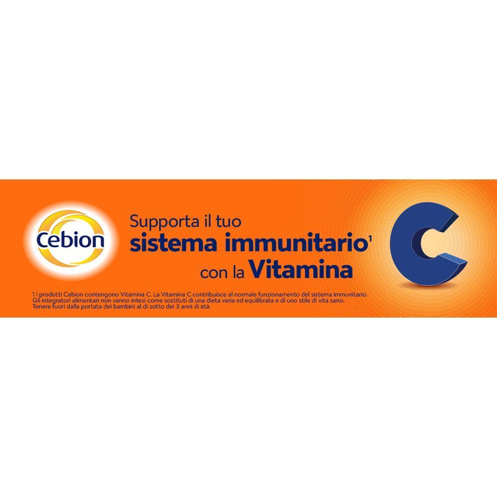 Cebion supporta il sistema immunitario con Vitamina C. 'C' stilizzata.