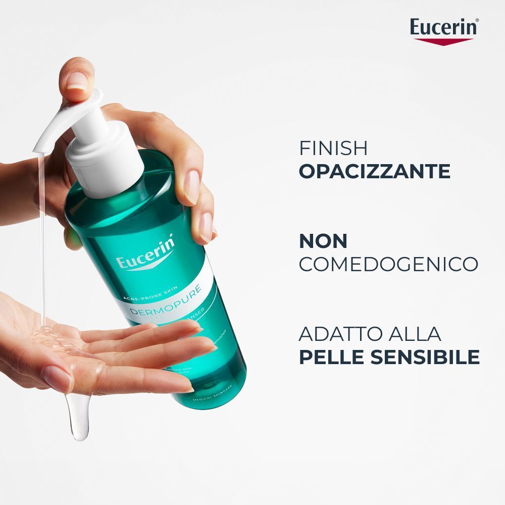 Gel detergente Eucerin Dermopure: Opacizzante, non comedogenico, adatto a pelli sensibili.