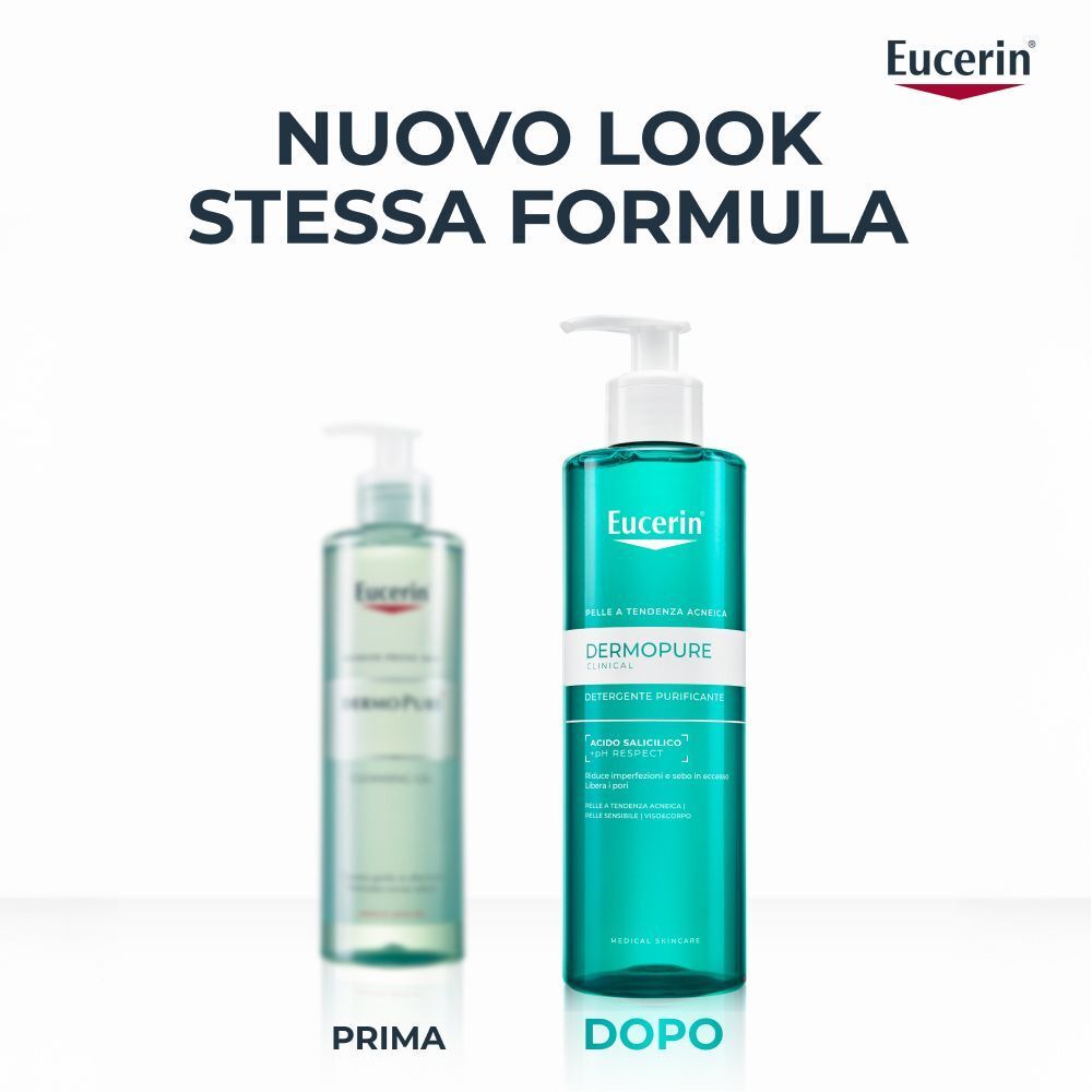 Confronto tra il vecchio e il nuovo design del flacone del gel detergente Eucerin Dermopure.