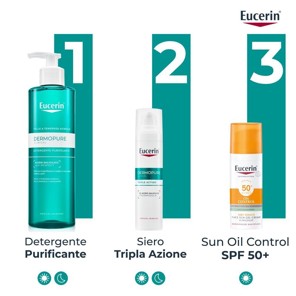 Routine Eucerin Dermopure: detergente, siero tripla azione e protezione solare SPF 50+.