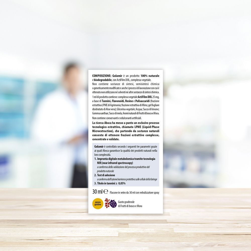 Vista di dettaglio di una confezione di Golamir Spray No Alcool con indicazione 30 ml e sigilli.
