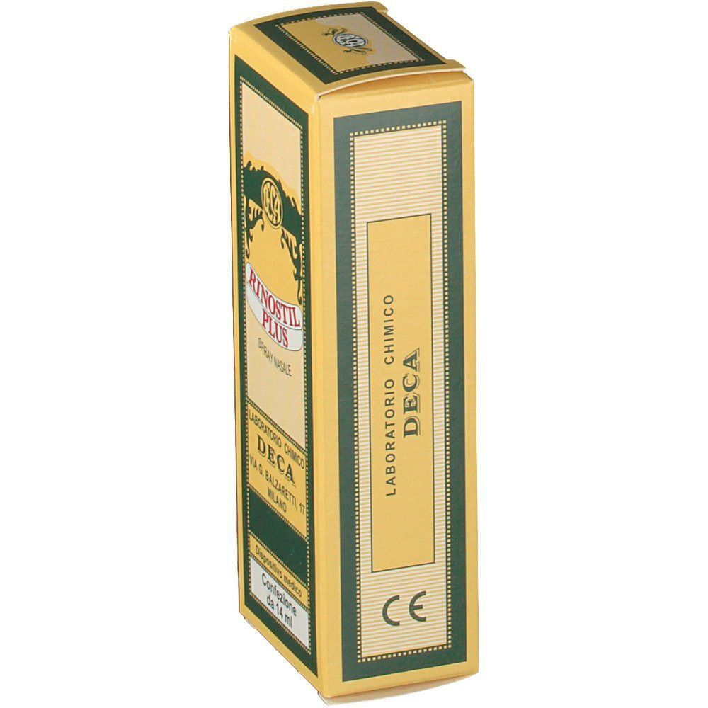 Una confezione di spray nasale Rinostil Plus, 14 ml. Scatola gialla con accenti verdi, marchio CE e informazioni sul prodotto.