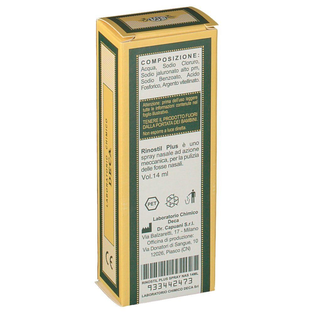 Retro di una confezione di spray nasale Rinostil Plus, 14 ml. Contiene composizione, istruzioni per l'uso e informazioni del produttore.