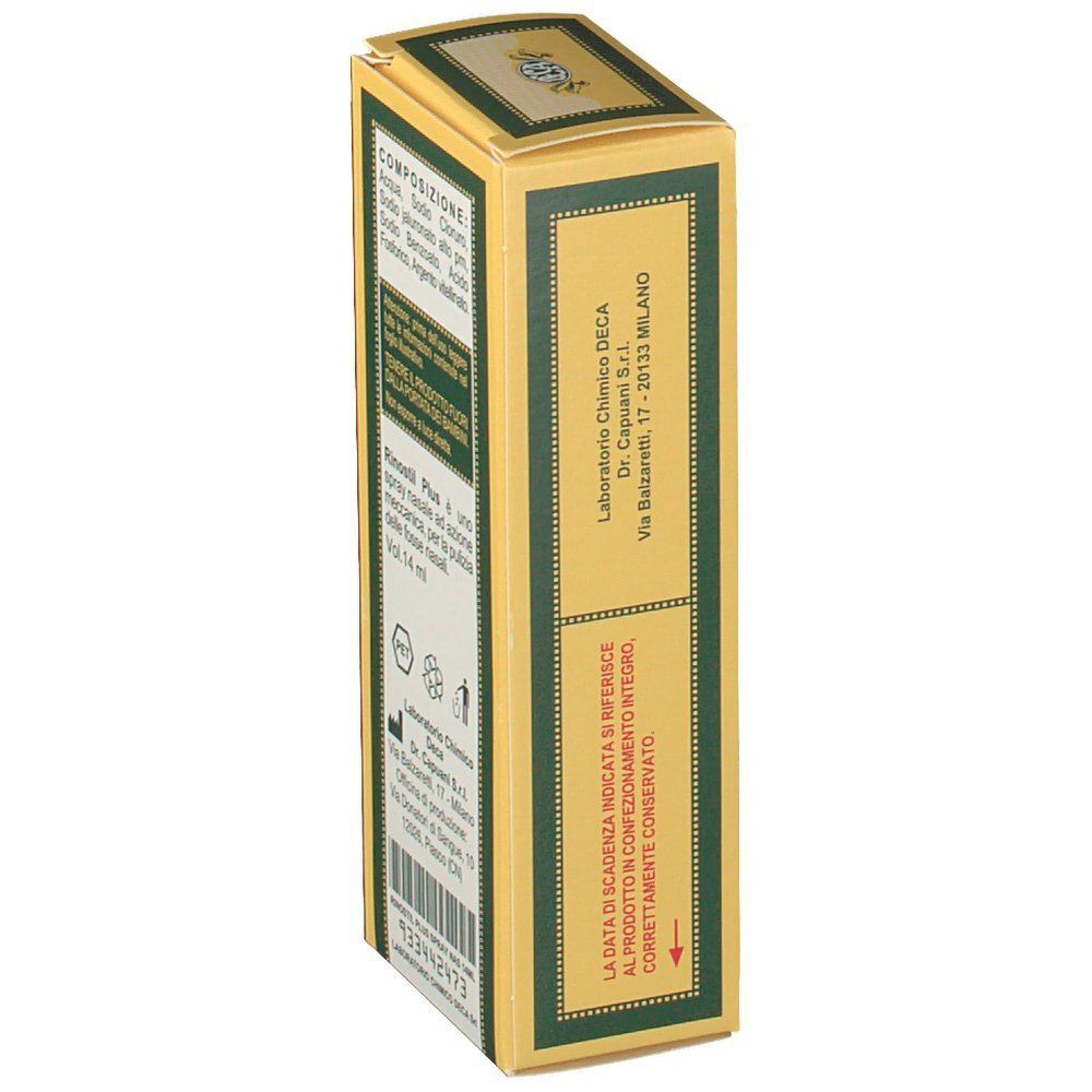 Vista laterale di una confezione di spray nasale Rinostil Plus, 14 ml. Scatola gialla con accenti verdi e informazioni sul prodotto.