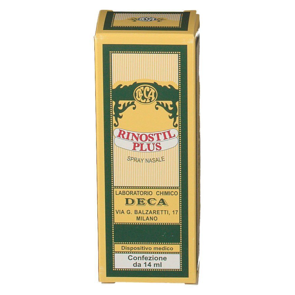 Una confezione di spray nasale Rinostil Plus, 14 ml. Scatola gialla con accenti verdi, nome del prodotto e informazioni del produttore.