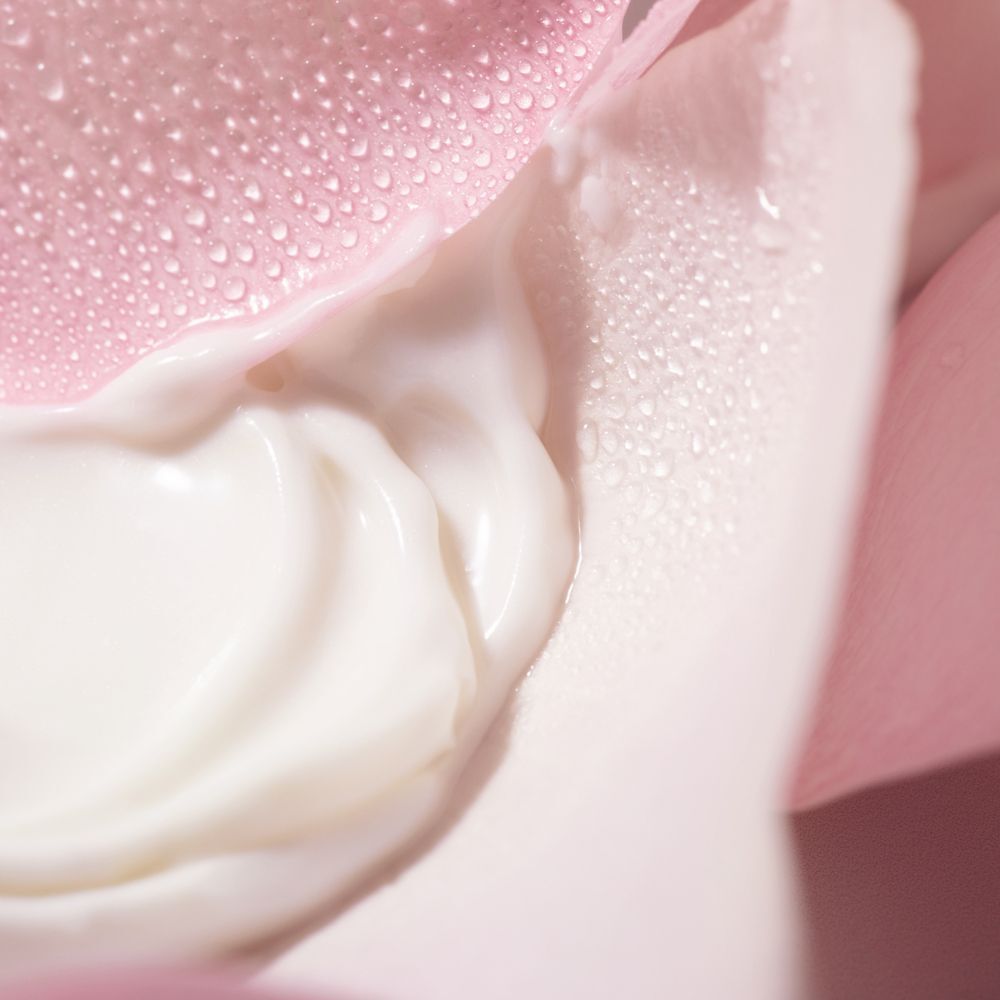 Primo piano di una texture cremosa su un petalo di rosa con gocce d'acqua.
