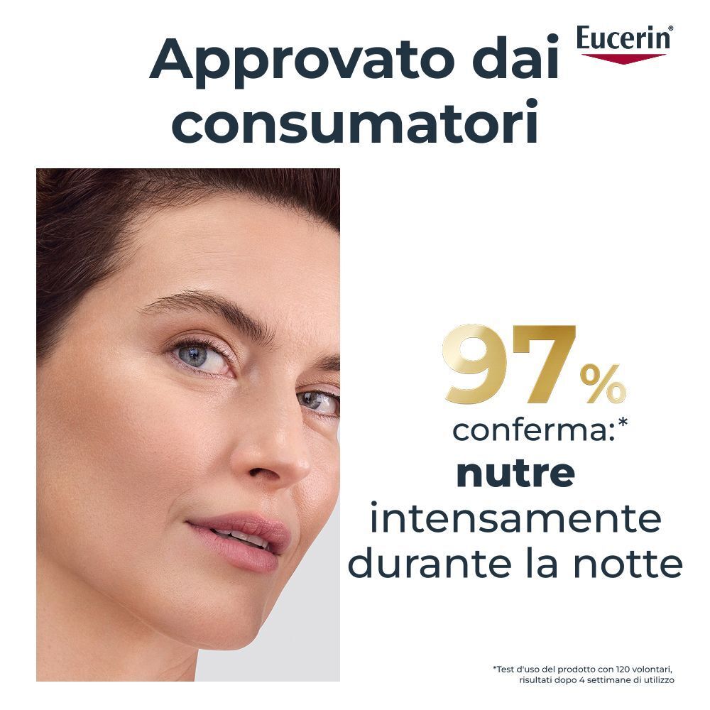 Viso di donna con Eucerin Hyaluron-Filler + Elasticity crema notte. 97% confermano nutrimento intenso notturno.