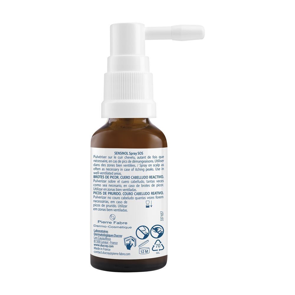 Flacone spray marrone con applicatore bianco ed etichetta con informazioni sul prodotto.