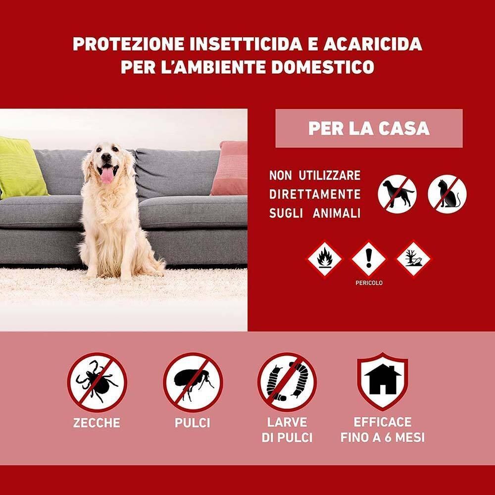 Un cane seduto su un divano. Icone indicano l'eliminazione di zecche, pulci e larve.