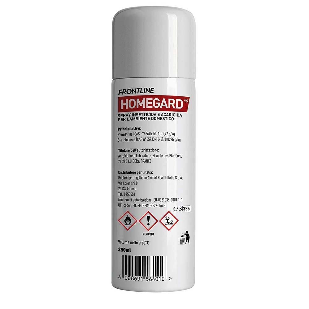 Retro di una bomboletta spray Frontline Homegard con informazioni sul prodotto e pittogrammi di pericolo.