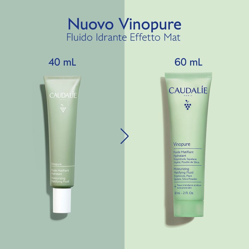 Confronto tra fluidi idratanti Caudalie Vinopure in tubi da 40ml e 60ml.
