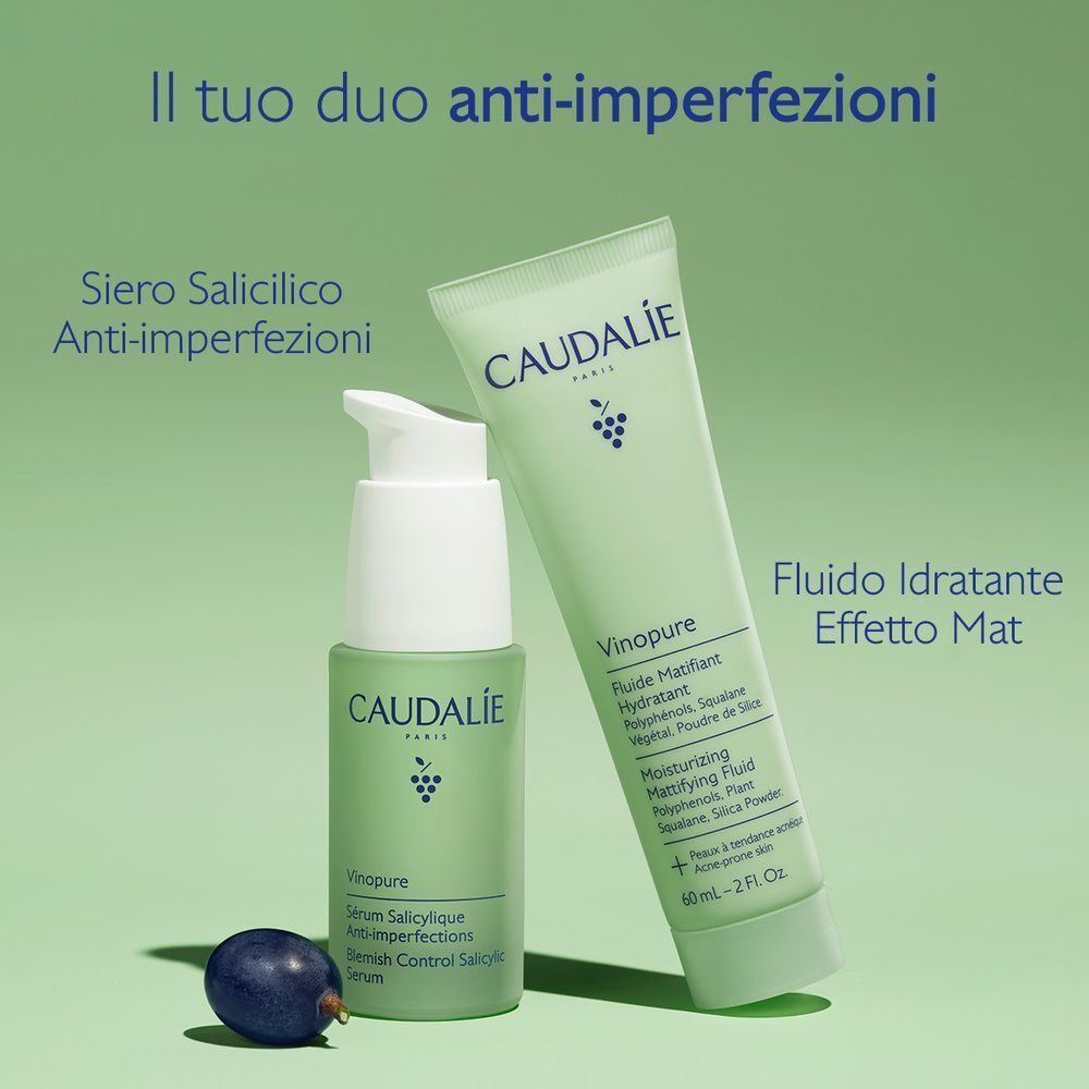Fluido idratante Caudalie Vinopure e siero salicilico anti-imperfezioni.