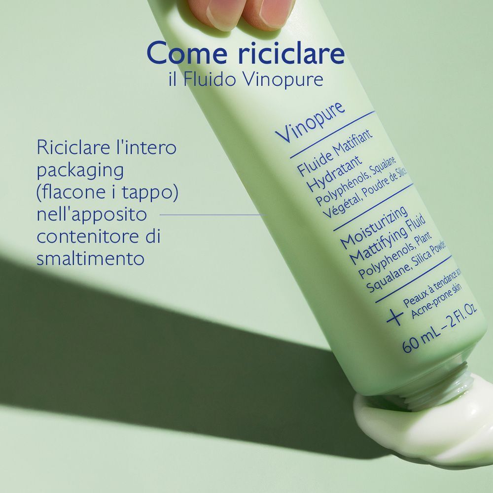 Istruzioni per il riciclo del tubo Caudalie Vinopure Fluido Idratante.