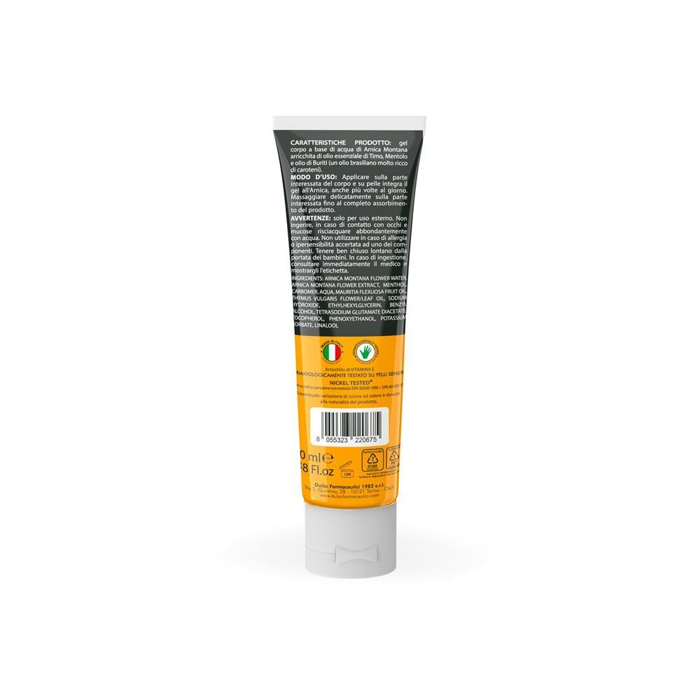 Retro di un tubo di Dulac Arnica Gel 98% Extra Forte con informazioni sul prodotto.