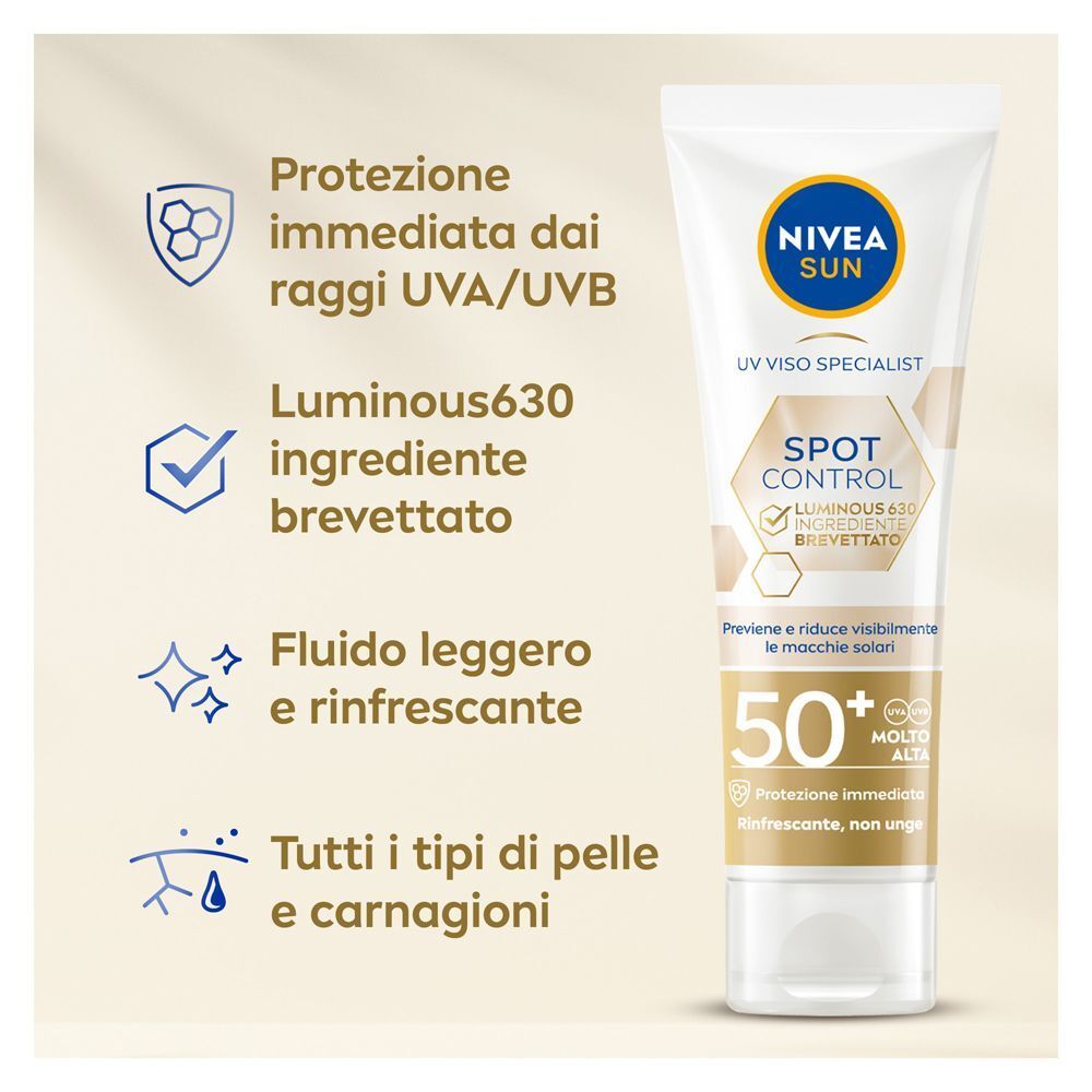 Nivea Sun Anti-Macchie Luminous630 Fluido Solare Viso, FP 50+. Protezione UVA/UVB e ingrediente Luminous630.