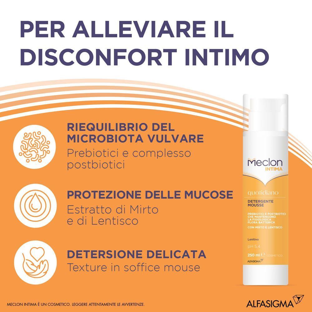 Meclon Intima Mousse: Riequilibrio flora, protezione mucose, detersione delicata.