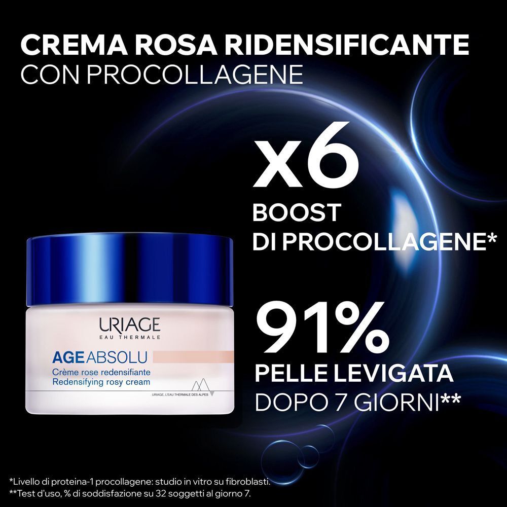 Vasetto di Crema Uriage Age Absolu accanto a testo su boost di pro-collagene e pelle levigata.