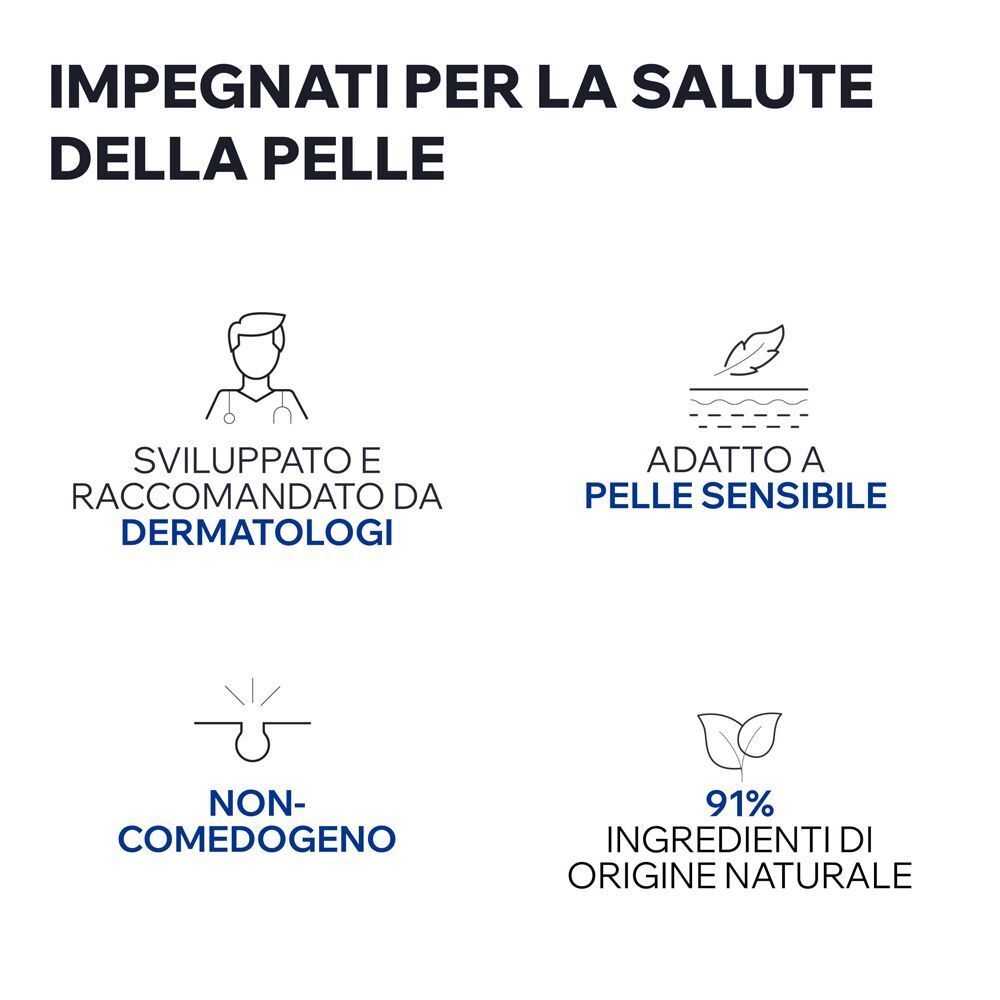Salute della pelle: Sviluppato da dermatologi, adatto a pelli sensibili, non comedogeno, 91% origine naturale.