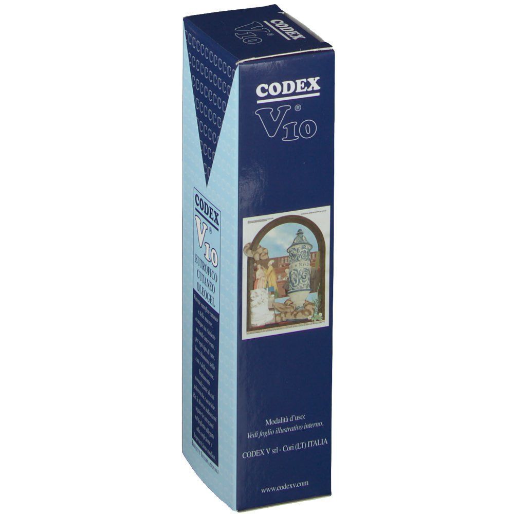 Una confezione di Codex V10 Eutrofico Cutaneo Oleogel, vista laterale blu con immagine.