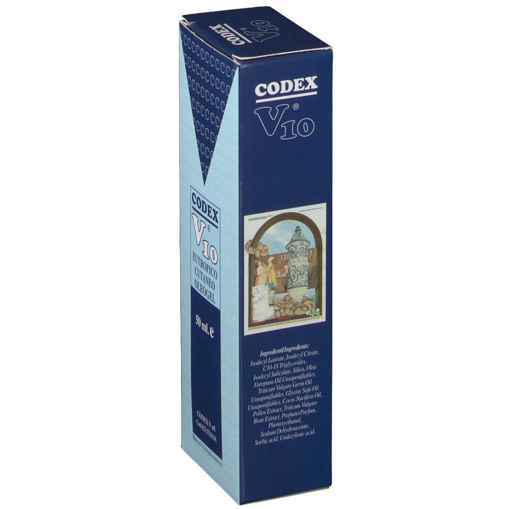 Confezione Codex V10 Eutrofico Cutaneo Oleogel, 50 ml, con elenco ingredienti sul retro.