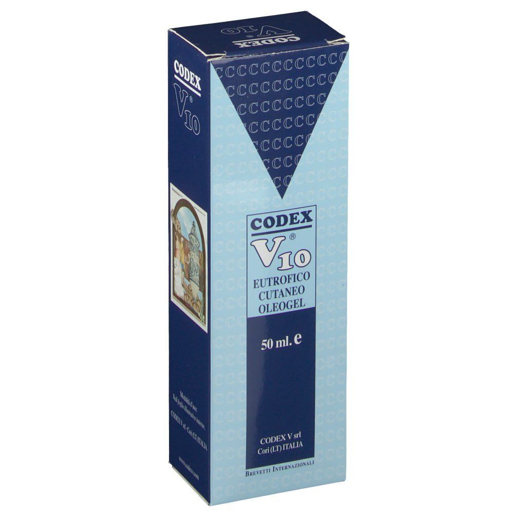 Una confezione di Codex V10 Eutrofico Cutaneo Oleogel, fronte con indicazione 50 ml.