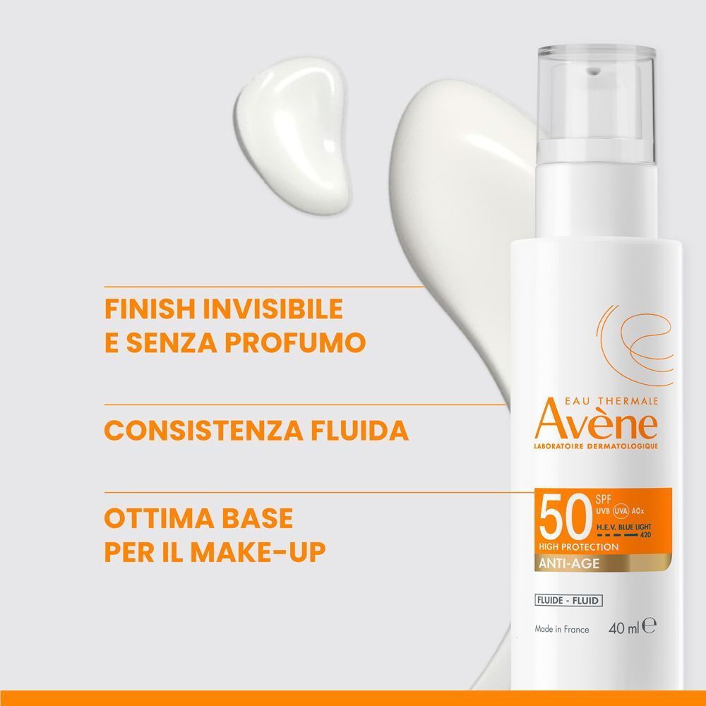 Eau Thermale Avène FLUIDO ANTI-ETÀ SPF 50: Finish invisibile, senza profumo, consistenza fluida, base trucco.