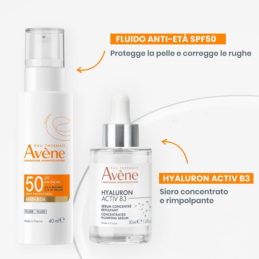 Eau Thermale Avène FLUIDO ANTI-ETÀ SPF 50 e Siero HYALURON ACTIV B3. Protegge e corregge le rughe.